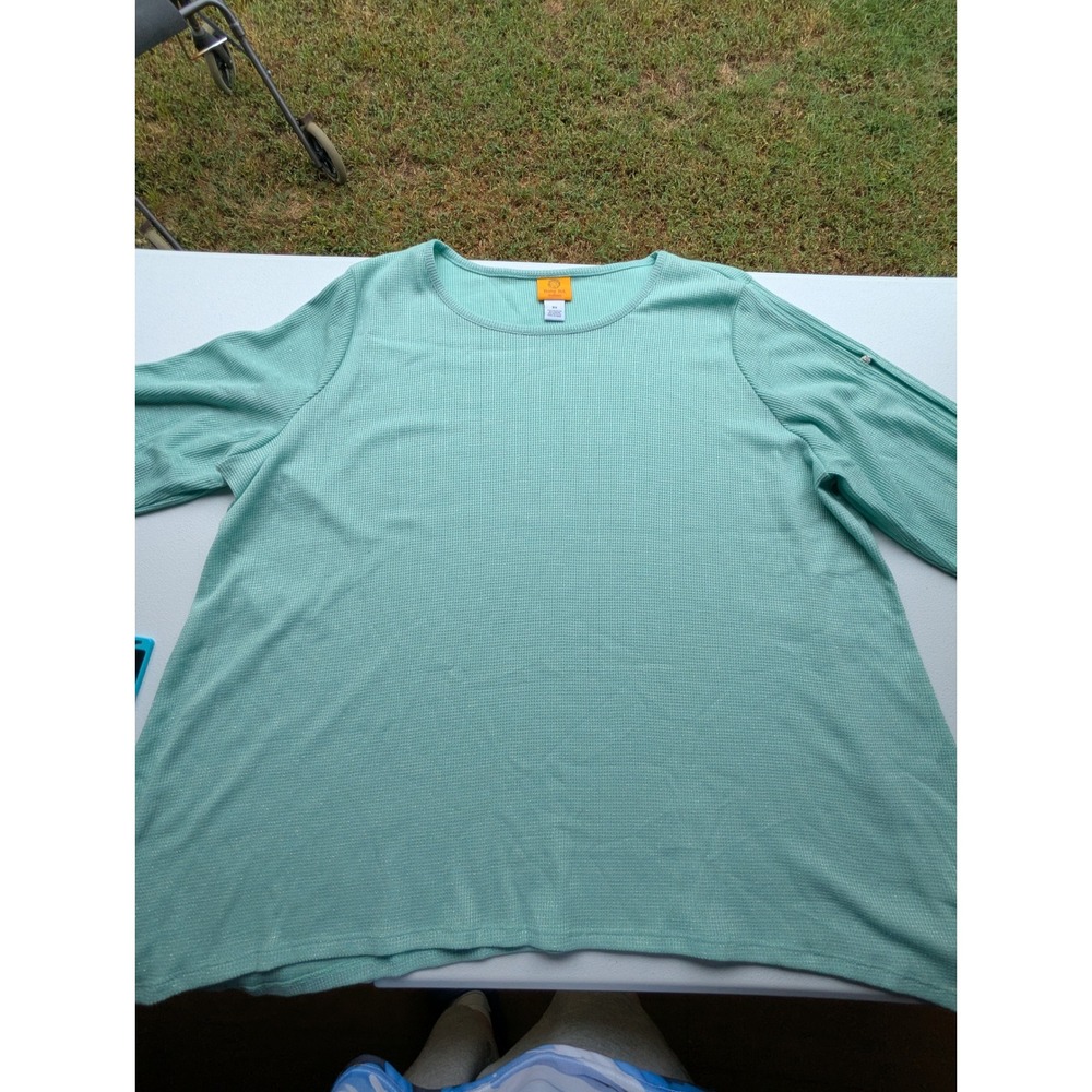 Ruby Rd Waffle Knit Top Women 3X light blue New Split Sleeve Rhinestone Sparkle